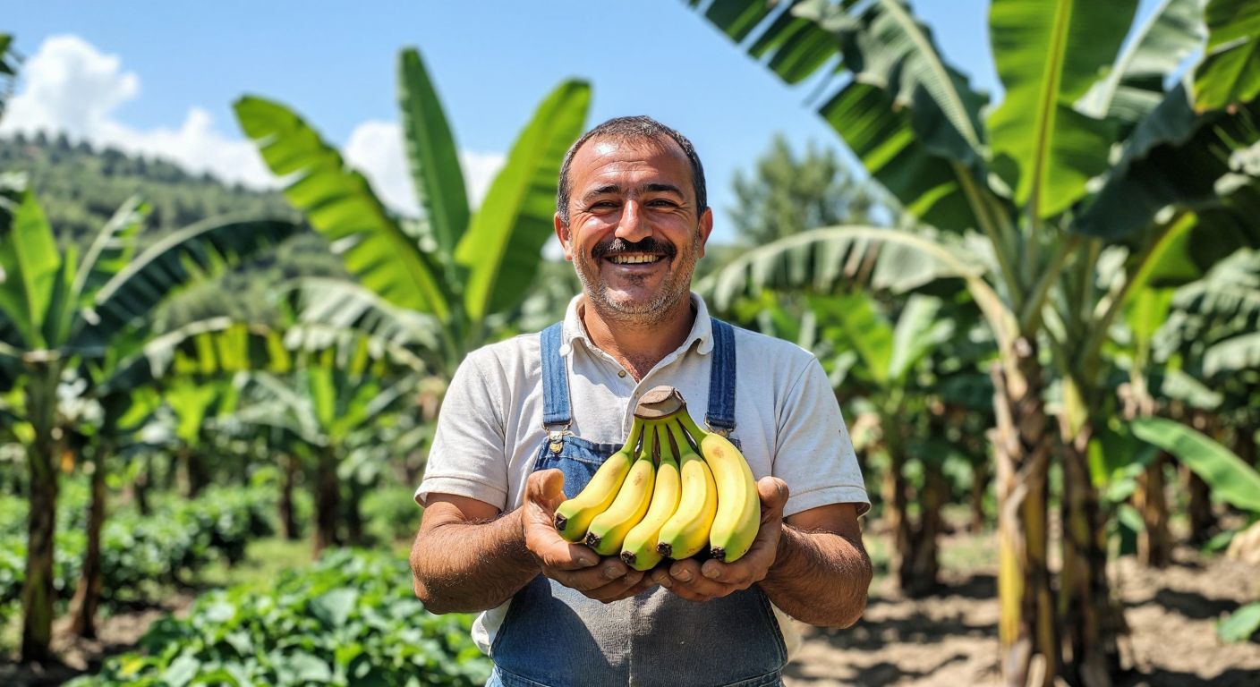 A cheerful Turkish farmer in a sunlit orchard proudly holding a bunch of small, ripe **Cüce Cavendish** bananas, with lush green banana trees in the background.