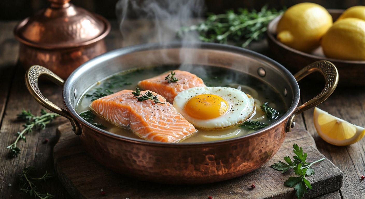 A steaming copper pot of gently simmering water with a perfectly poached egg, tender salmon fillet, and delicate chicken breast floating inside, surrounded by fresh herbs and lemon slices on a rustic wooden table in a Turkish kitchen.