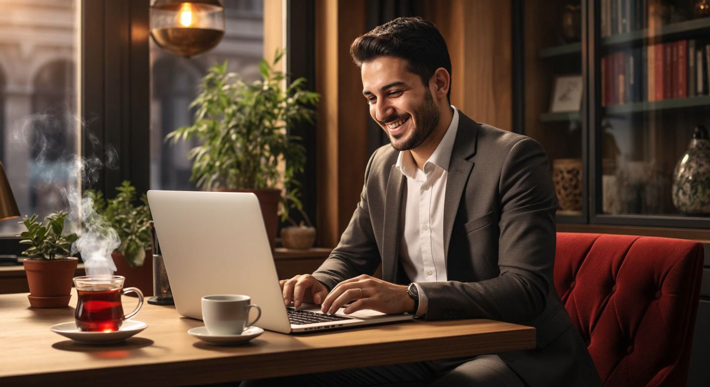 A Turkish businessperson smiles while reviewing digital invoices on a laptop in a cozy office with a steaming cup of Turkish tea on the desk.