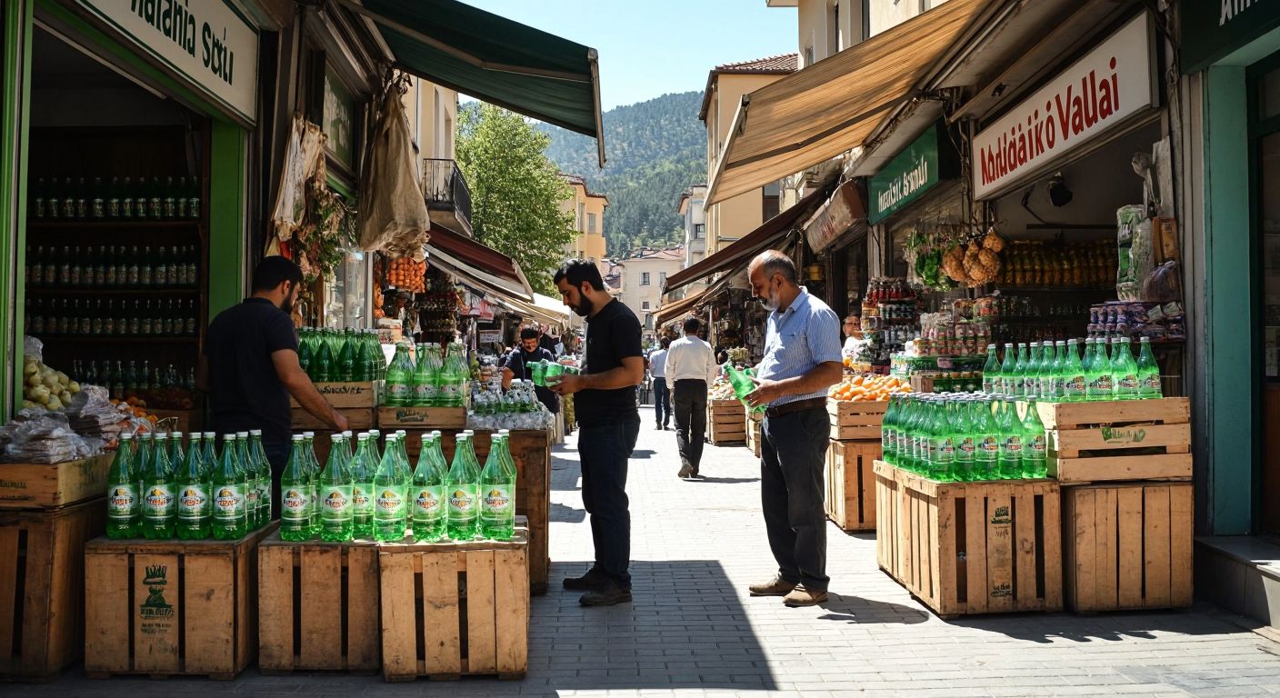 A sunlit Turkish marketplace in Manisa, with vendors proudly displaying bottles of Kula Maden Suyu, Özkaynak Maden Suyu, and Vadılla Suyu on wooden crates, while locals in casual attire examine them with curiosity and satisfaction.