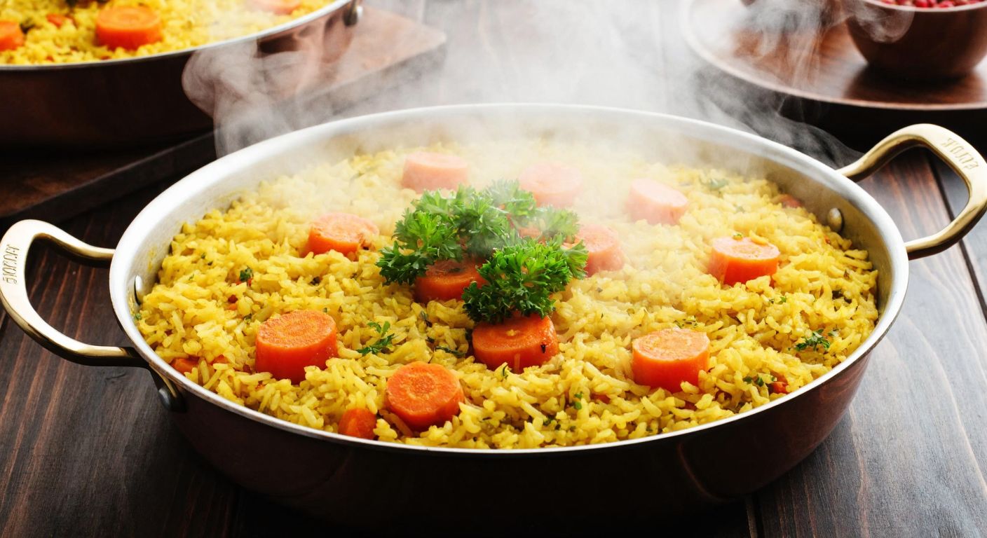 A steaming pot of golden rice pilaf with bright orange carrot slices, garnished with fresh parsley, resting on a wooden kitchen table in a cozy Turkish home.