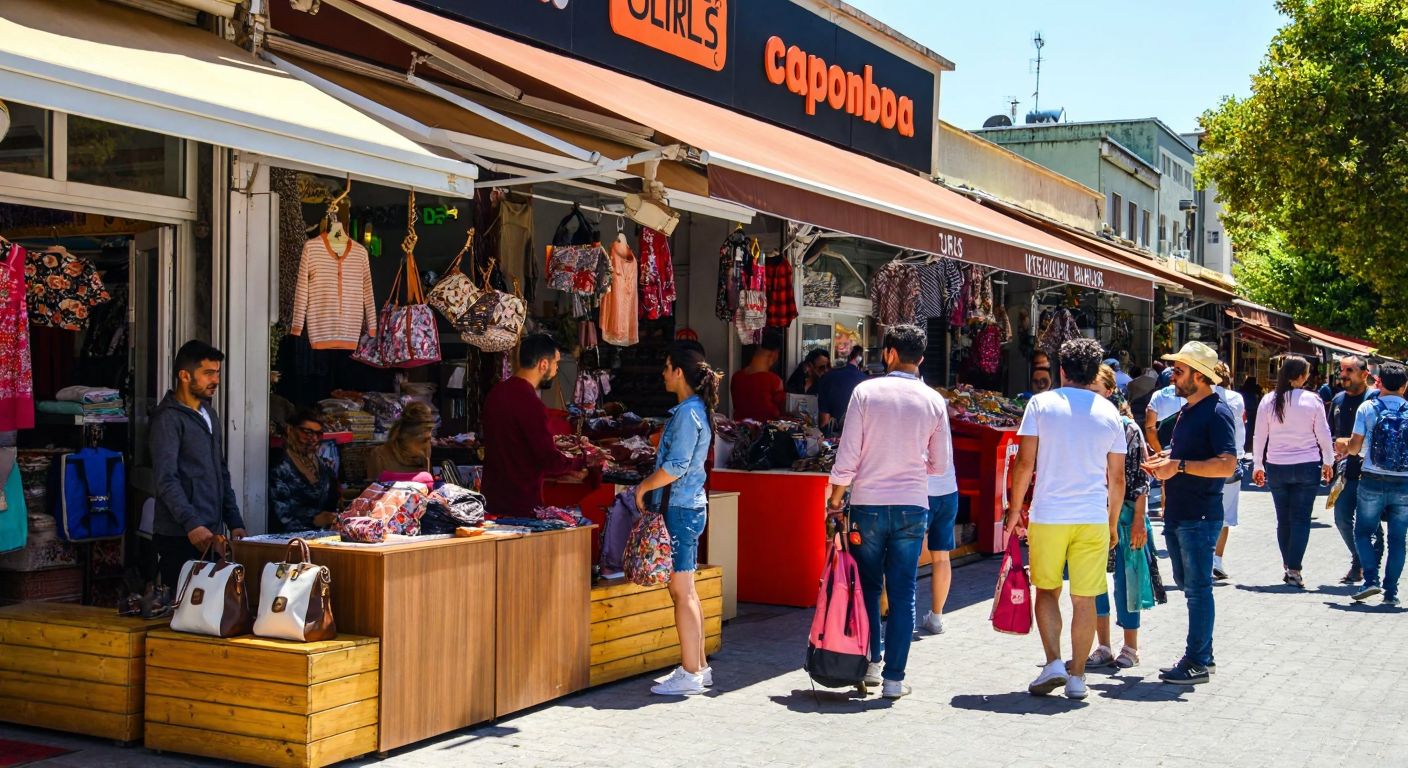A vibrant Turkish marketplace with a colorful Caploonba-branded stall, surrounded by locals in casual attire admiring stylish bags under a warm sun.