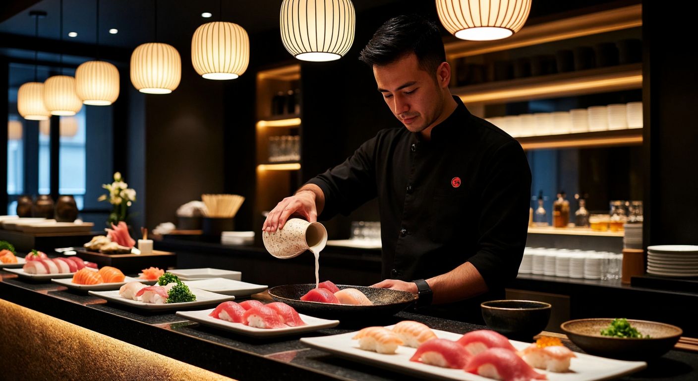 A sleek, dimly lit sushi bar with a modern Japanese aesthetic, where a bartender in a crisp black uniform pours sake into an elegant ceramic cup, surrounded by plates of fresh sashimi and a warm glow from pendant lights.  

*(Note: Since the query refers to Nobu in Budapest, the image avoids Turkish cultural context.)*