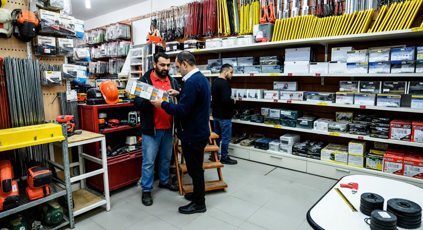 A bustling hardware store in Ankara's Sincan district, with shelves stacked with construction tools, furniture accessories, and electrical equipment, while a shopkeeper assists a customer holding a measuring tape.