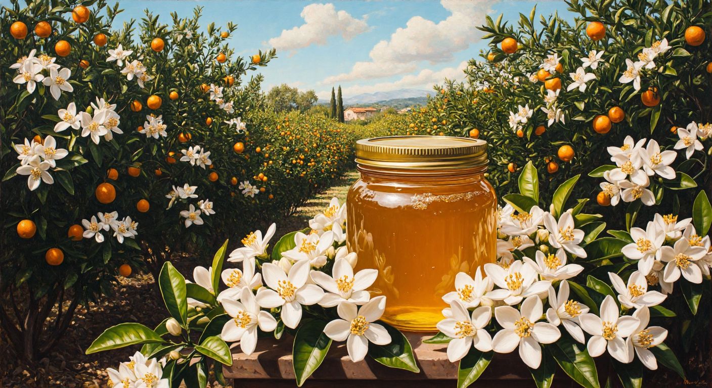 A golden jar of honey surrounded by blooming orange blossoms under the warm Mediterranean sun, with a lush orange grove in the background.