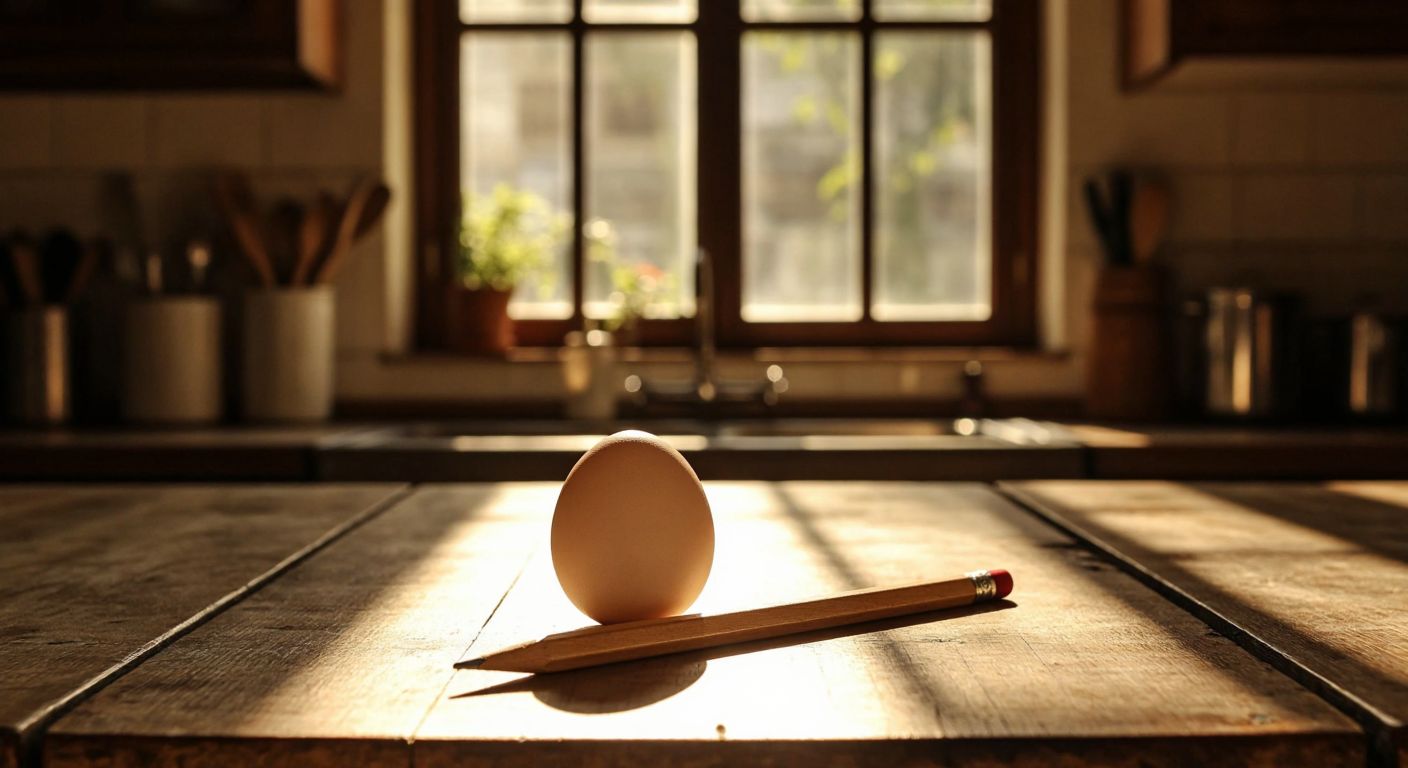 A wooden pencil resting beside a fresh white egg on a rustic wooden table in a Turkish kitchen, with warm sunlight streaming through a window.