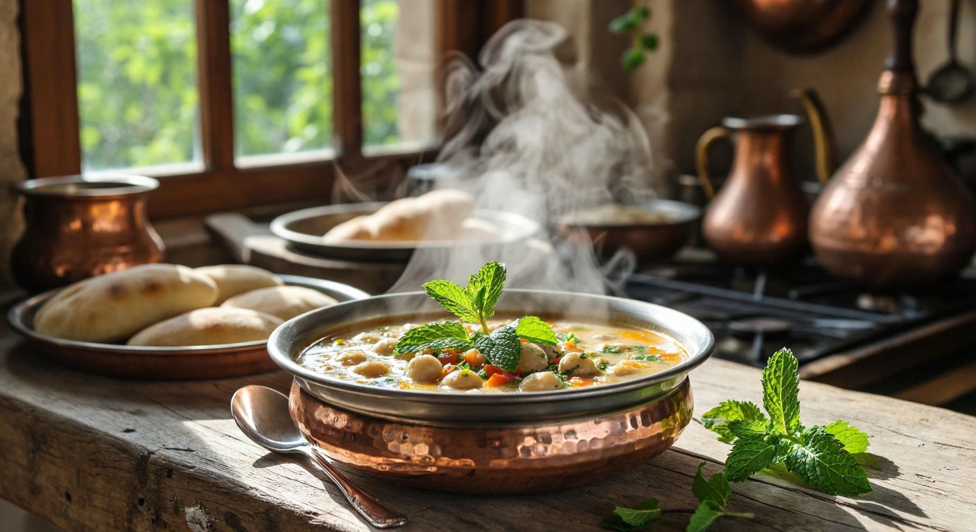 A steaming bowl of yuvalama çorbası, garnished with fresh mint, sits on a rustic wooden table in a sunlit Gaziantep kitchen, with traditional Turkish copper pots and warm bread in the background.