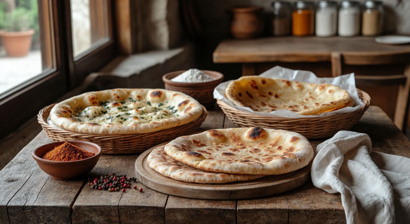 A rustic wooden table in a Turkish kitchen displays an assortment of flatbreads—golden pide with a pocket, warm bazlama fresh off the sac, thin lavash draped over a basket, and fluffy naan beside a small bowl of spices.