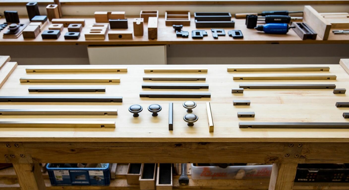 A neatly arranged wooden workbench in a Turkish carpenter’s workshop, displaying various furniture handles (knob, bar, cup, drop, and recessed) and hinges (standard, soft-close, concealed, angled, and decorative) laid out in orderly rows.