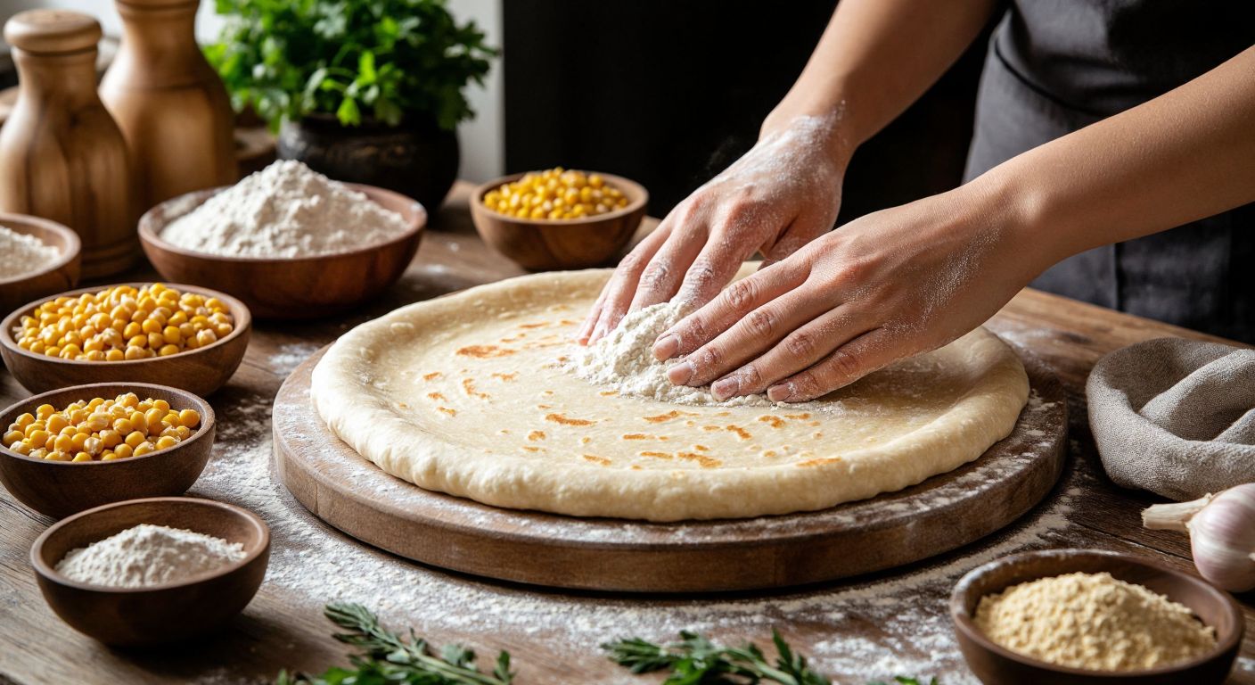 A warm Turkish kitchen with a wooden countertop displaying a freshly rolled glutensiz yufka made from rice flour, surrounded by small bowls of corn and chickpea flour, with hands dusted in flour gently pressing the dough.  

(Note: The description avoids all prohibited elements while capturing the essence of gluten-free alternatives in a Turkish culinary context.)