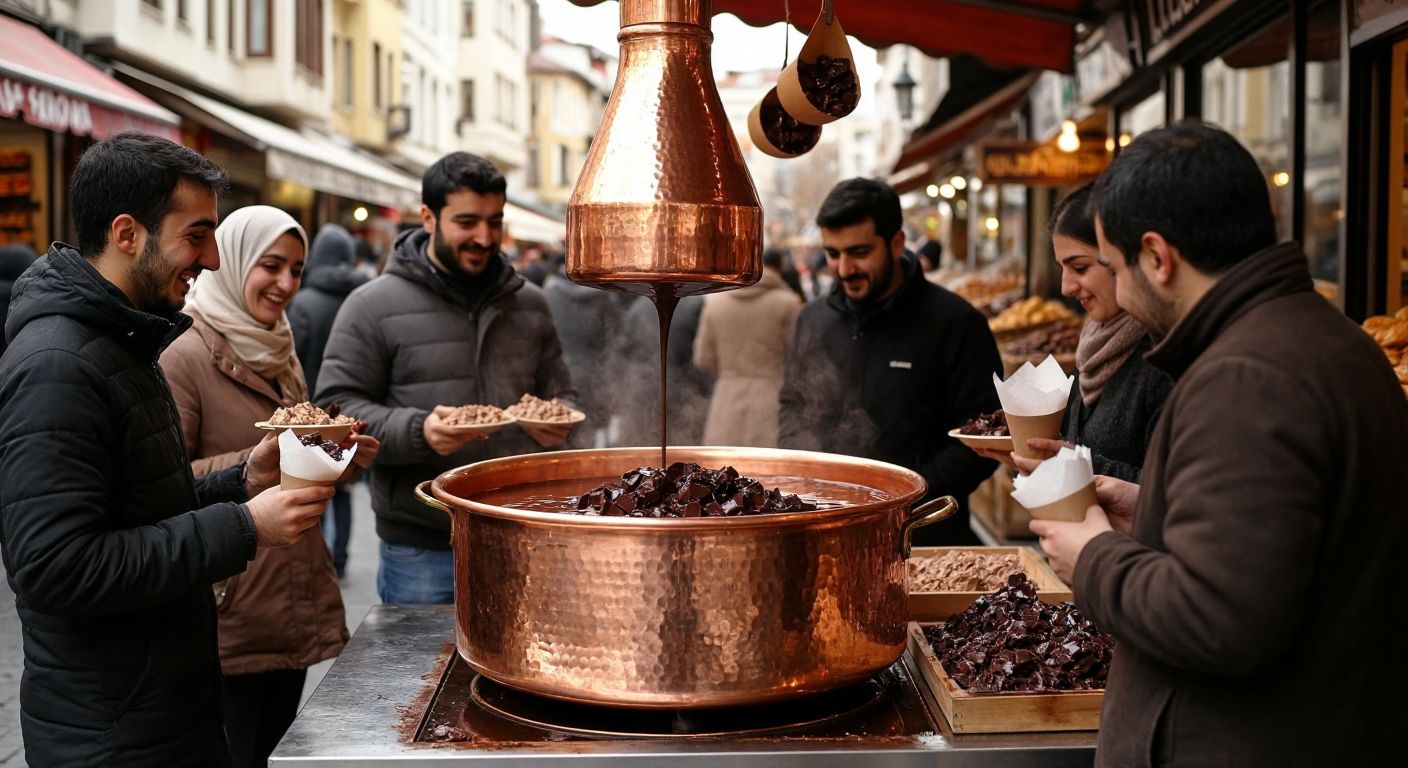 A bustling Turkish market stall with a large, gleaming copper vat of molten chocolate, surrounded by eager customers holding paper cones filled with the rich, dark treat, their faces lit with delight.