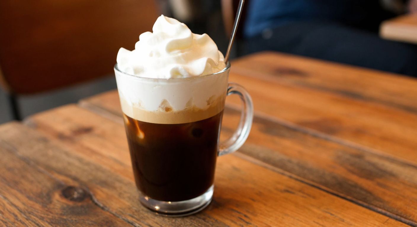 A small glass cup filled with dark espresso topped with a dollop of thick, fluffy whipped cream, resting on a rustic wooden table in a cozy café.