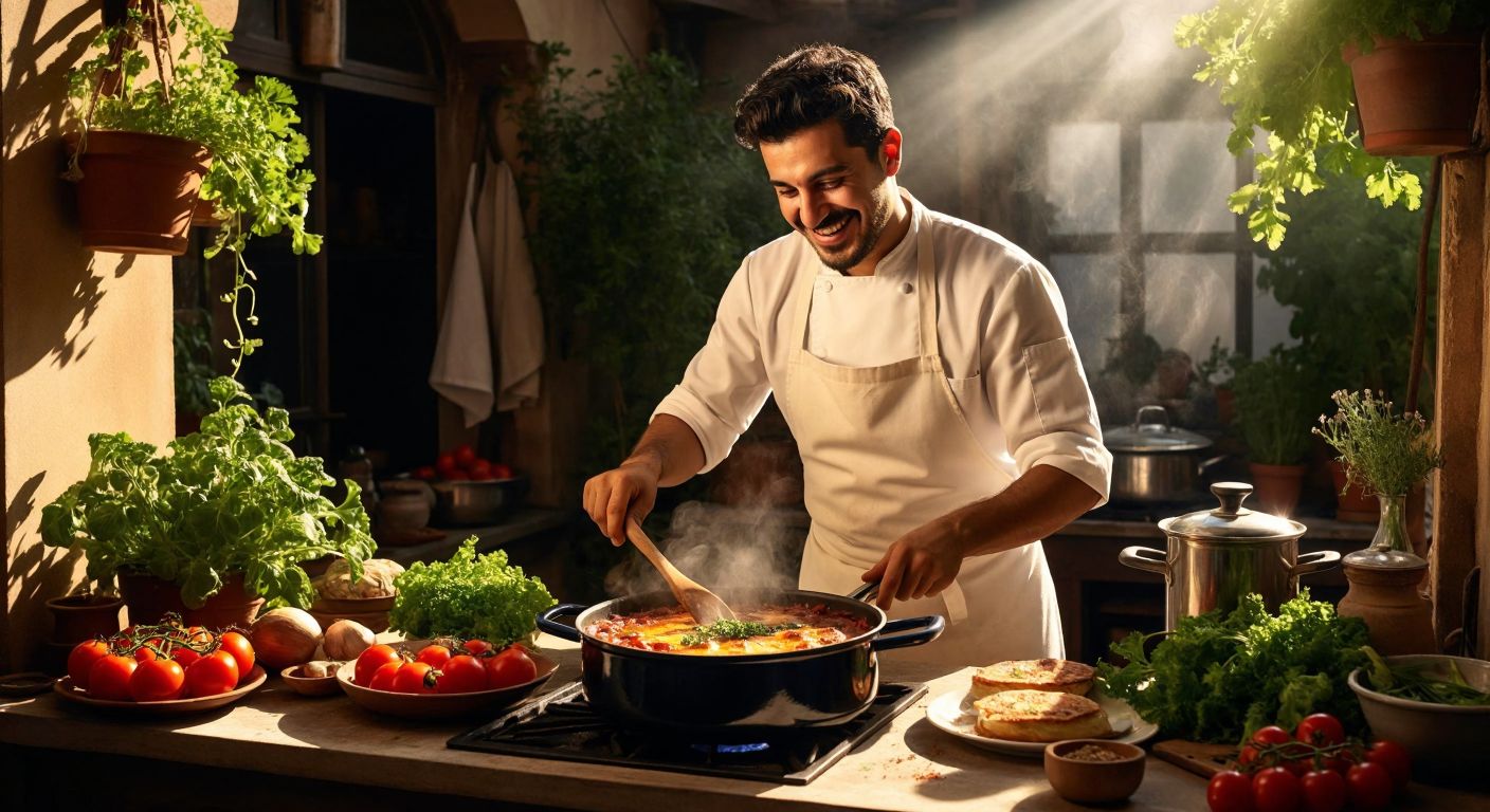 A smiling Turkish chef in a white apron carefully stirs a bubbling pot of eggplant moussaka in a sunlit kitchen, surrounded by fresh vegetables and aromatic herbs.