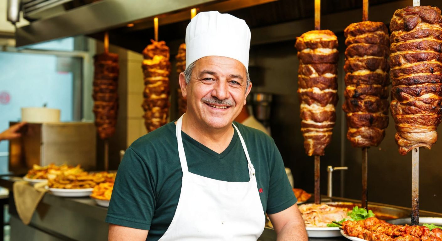 A middle-aged Turkish man with a warm smile, wearing a white apron and a traditional kebap chef's hat, stands proudly in front of a sizzling vertical rotisserie of stacked meat in a bustling kebap restaurant.