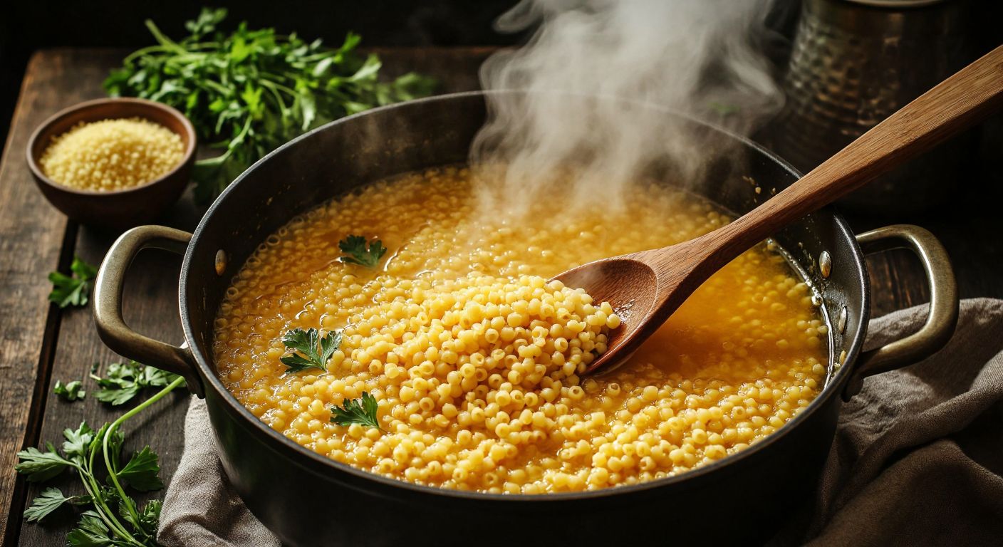 A steaming pot of boiling water with small golden couscous pasta swirling inside, surrounded by fresh herbs and a wooden spoon resting on the edge, evoking a cozy Turkish kitchen.