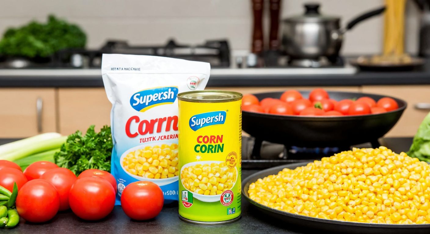 A vibrant Turkish kitchen counter displays a bright yellow can of Superfresh corn next to a bag of frozen corn kernels, with fresh vegetables and a sizzling pan in the background.