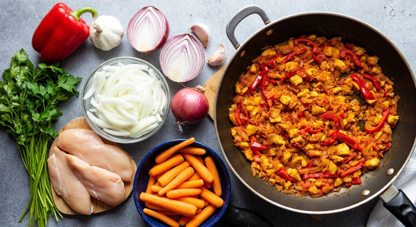 A Turkish kitchen countertop with neatly arranged ingredients—diced chicken breast, chopped onions, garlic, carrots, red peppers, and fresh parsley—next to a sizzling pan of golden sautéed filling, emitting aromatic steam.