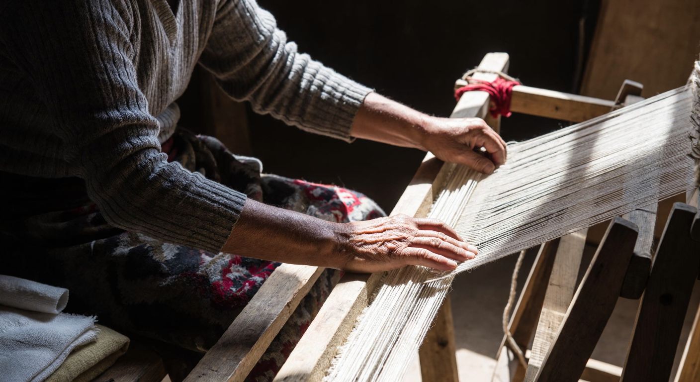A weathered Turkish artisan’s hands weaving coarse, durable fabric from wool yarn and goat hair on a rustic wooden loom in a sunlit village workshop.