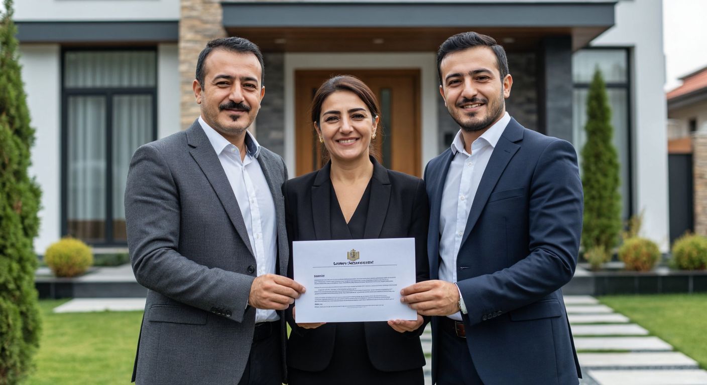 A middle-aged Turkish couple in formal attire stands proudly in front of their newly paid-off home, holding a stamped legal document while a bank officer in a suit nods approvingly beside them.