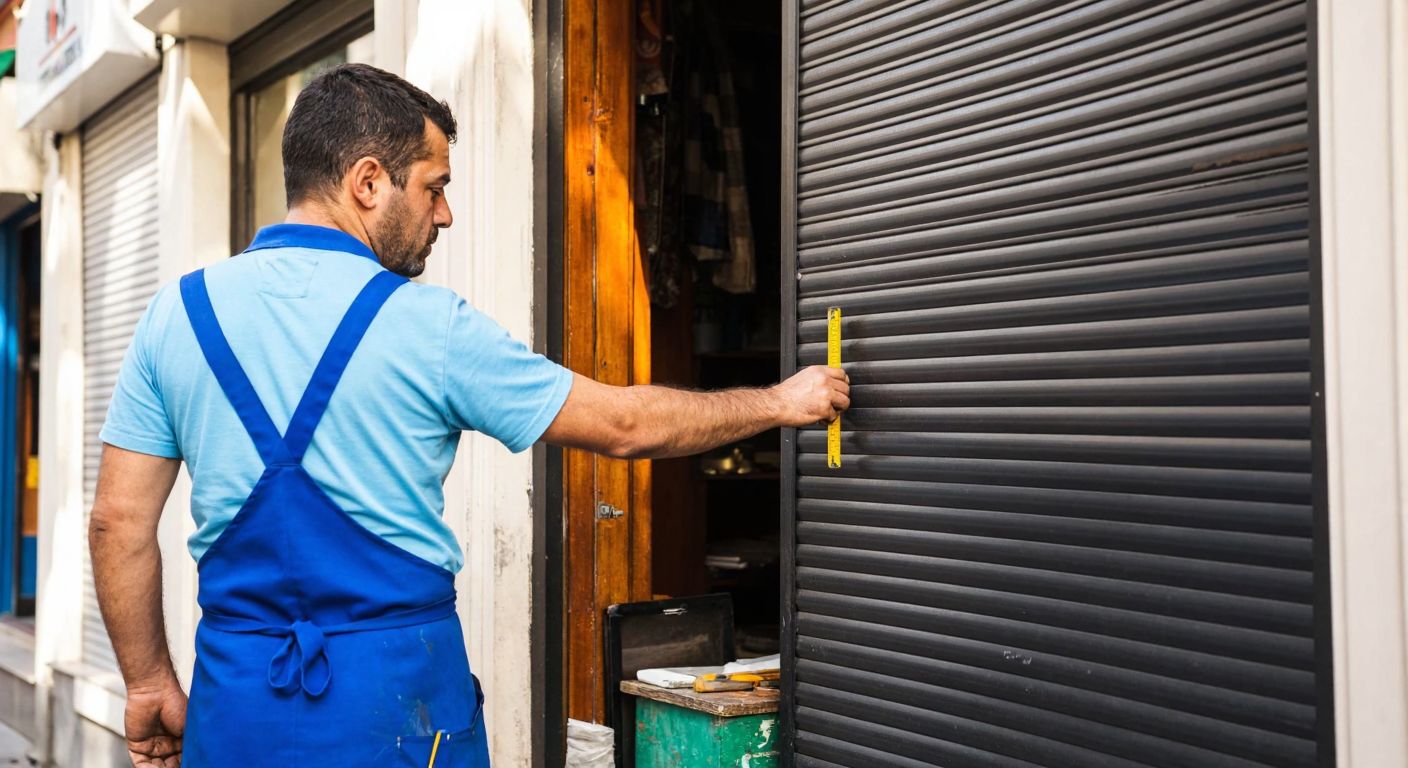 A Turkish craftsman in a blue work apron carefully measures a metal shutter with a tape measure against the backdrop of a sunlit storefront in Istanbul.