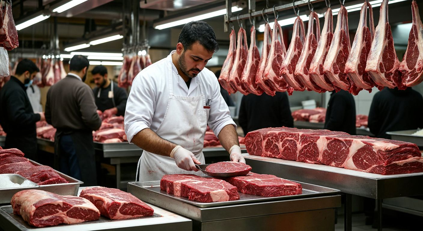 A butcher in a white apron carefully weighs a fresh, marbled five-piece beef set on a gleaming metal scale in a bustling Turkish meat market, surrounded by hanging cuts of meat and customers observing.