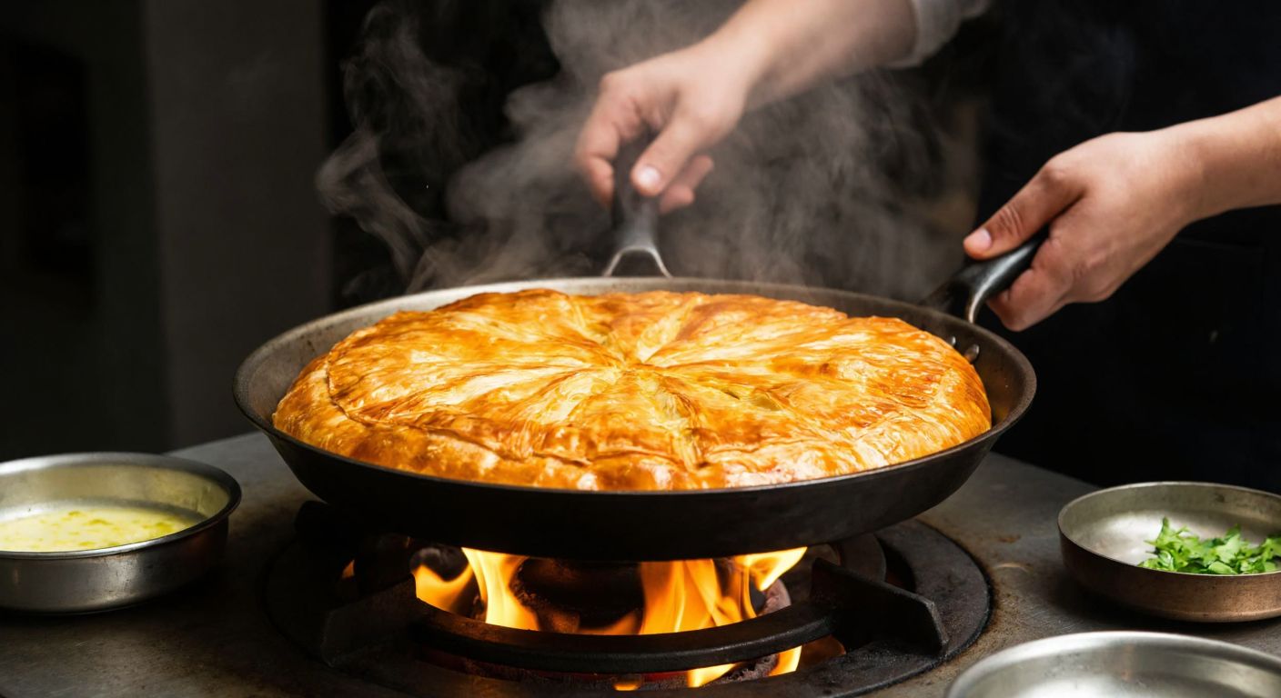 A golden, flaky börek sizzling in a pan over a medium flame on a traditional Turkish stove, with steam rising and a cook’s hands carefully adjusting the heat.