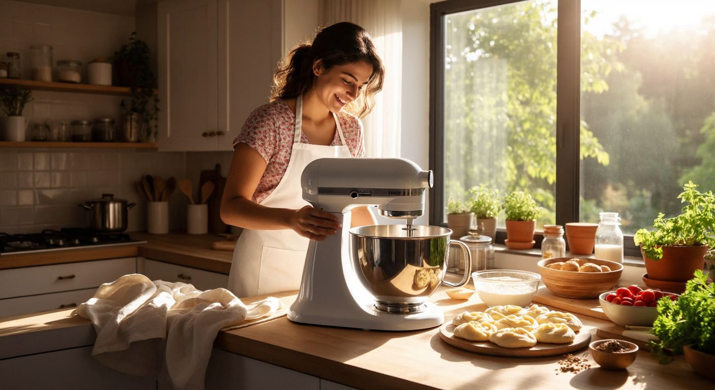 A modern white Philips mixer with stainless steel attachments whirs smoothly on a sunlit kitchen counter, surrounded by fresh dough and ingredients for Turkish börek, as a smiling home cook in a floral apron watches the mixing process with satisfaction.
