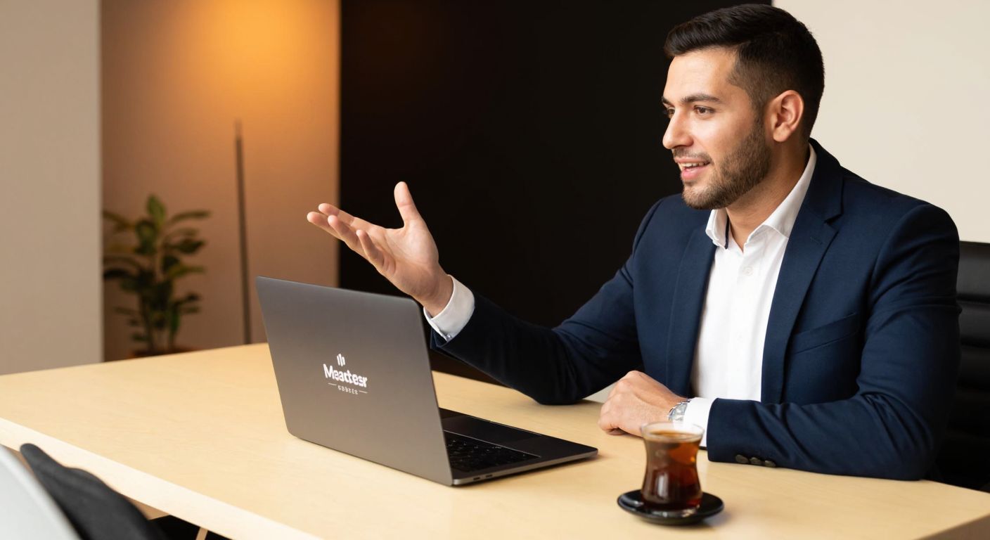 A confident man in a modern office setting, gesturing toward a sleek laptop displaying a MasterClass video, with a warm, professional atmosphere and a Turkish coffee cup on the desk.