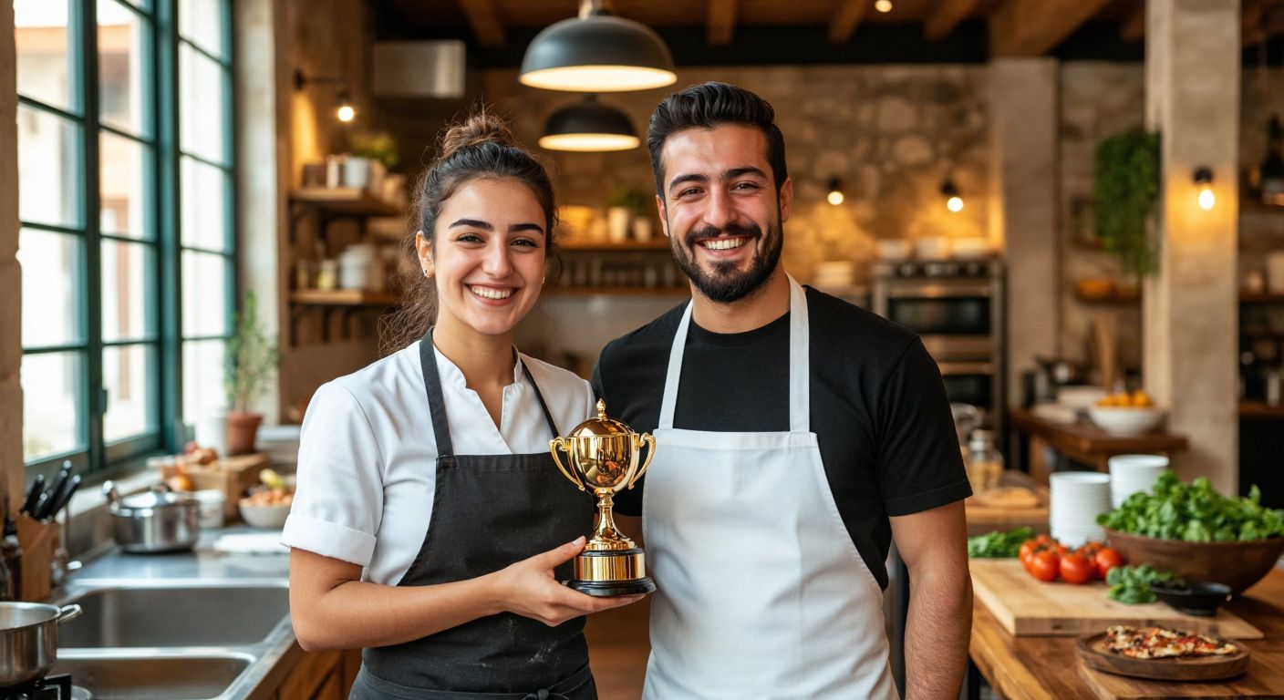 A jubilant Turkish contestant in a chef’s apron stands proudly in a bright kitchen, holding a golden trophy while a renowned Italian chef smiles beside them, with a rustic Italian restaurant visible in the background.