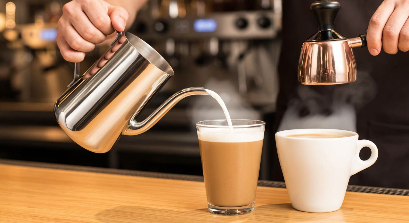A shiny stainless steel milk pitcher steaming with frothy milk, held by a barista’s hand over a Turkish coffee machine in a warmly lit café, with a cup of creamy latte beside it.