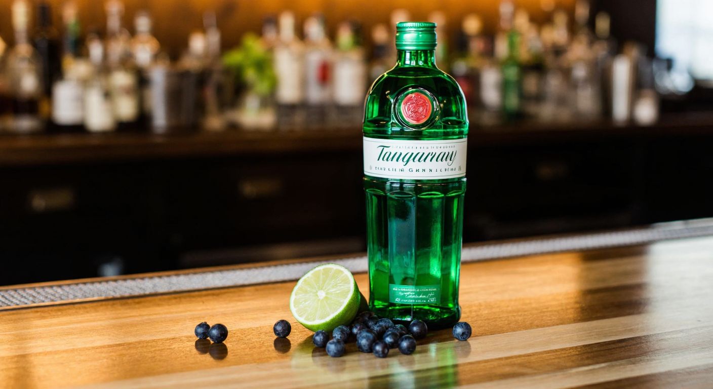 A sleek, green glass bottle of Tanqueray gin resting on a polished wooden bar counter, with a slice of fresh lime and a few juniper berries scattered beside it.
