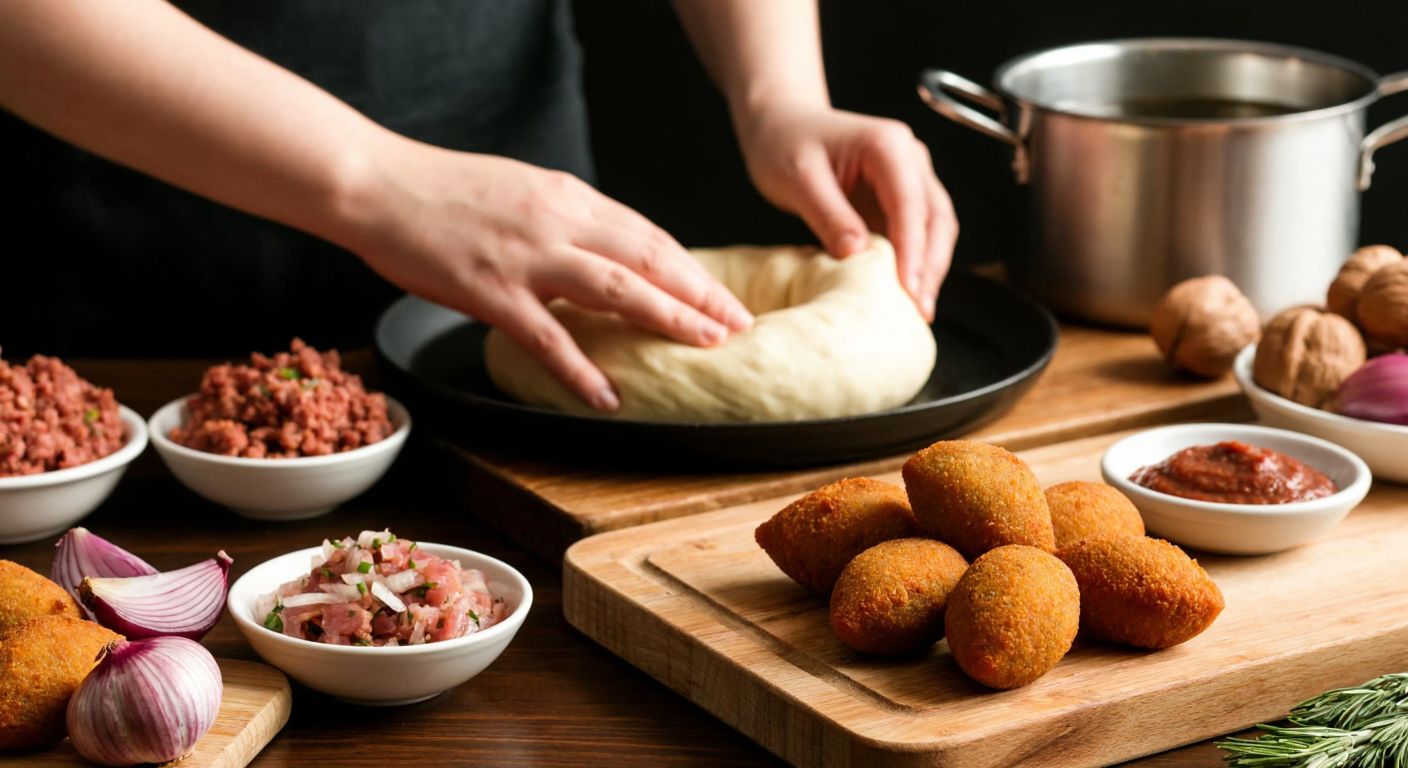 A warm Turkish kitchen with hands kneading bulgur dough on a wooden table, surrounded by bowls of ground meat, onions, and walnuts, with a steaming pot of water nearby and golden-brown içli köfte ready to be served.