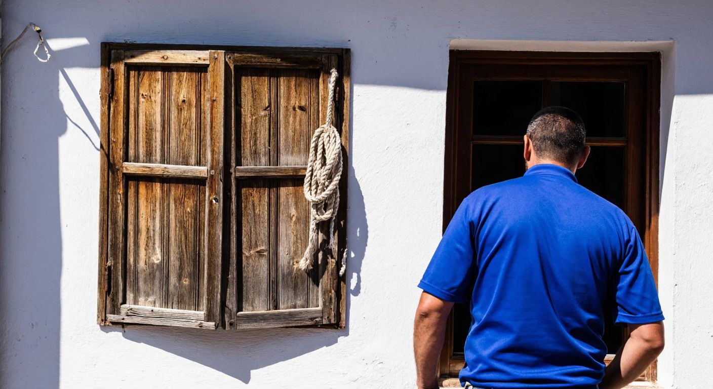 A weathered wooden shutter with a frayed rope dangling against the sunlit whitewashed wall of a Turkish home, while a handyman in a blue work shirt carefully inspects it with a focused expression.