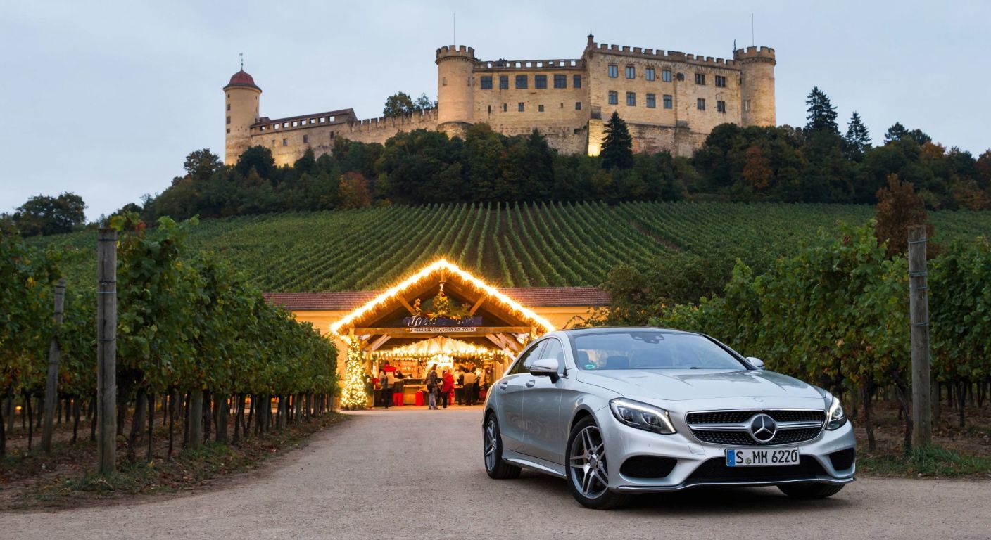 A sleek silver Mercedes-Benz car parked in front of Stuttgart's medieval castle, surrounded by lush vineyards and a bustling Christmas market with twinkling lights.
