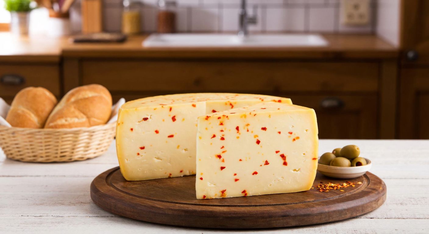 A rustic wooden table in a cozy Istanbul kitchen holds a golden wedge of Dorukoğlu Trakya biberli kaşar cheese, its surface flecked with red pepper flakes, beside a basket of fresh bread and a small bowl of olives.