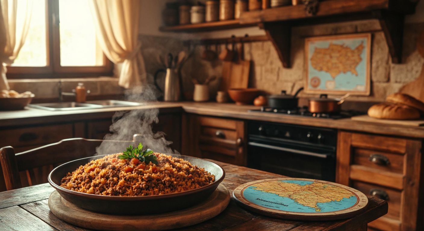 A rustic wooden table in a cozy village kitchen holds a steaming plate of bulgurca (a dish of minced meat and bulgur) next to a map of Turkey highlighting İzmir and Karaman.