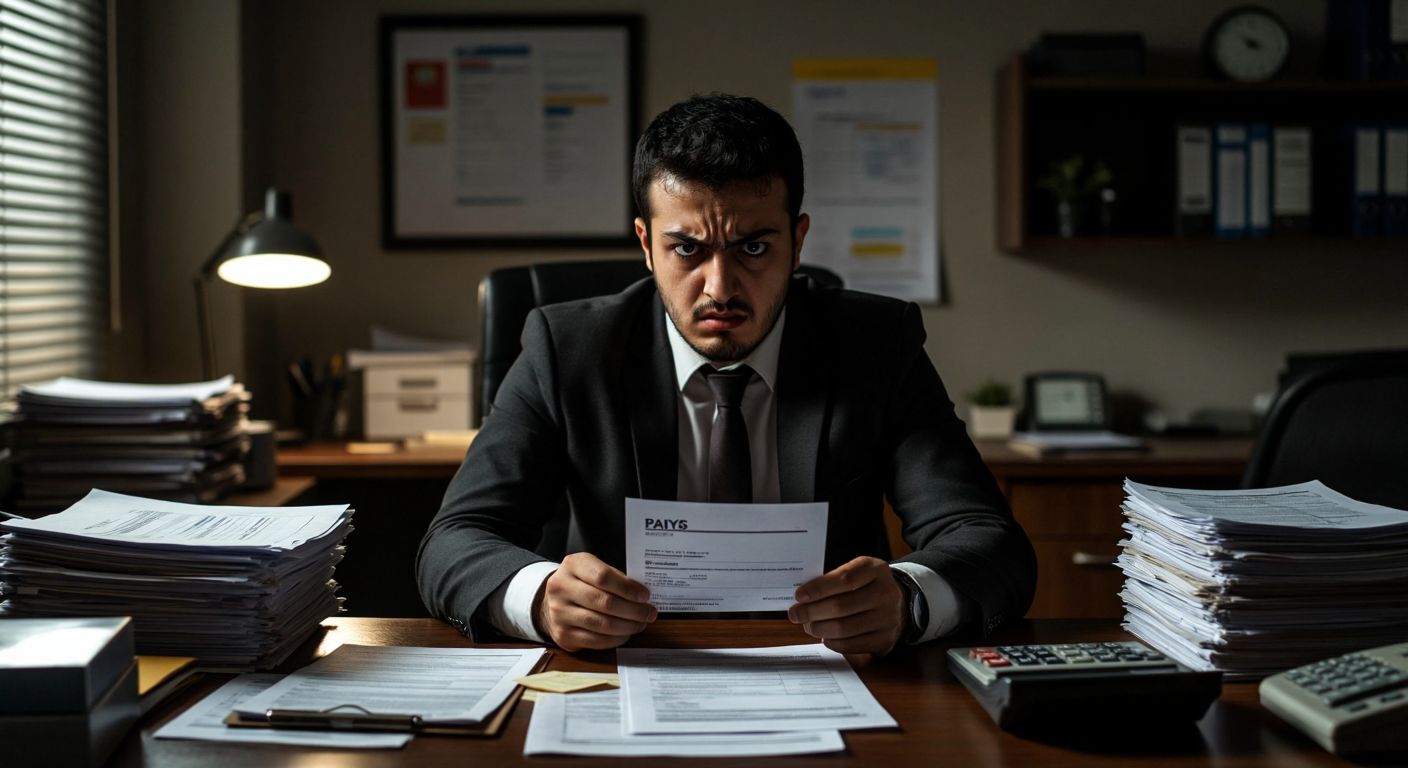 A frustrated Turkish office worker in a dimly lit room holds a pay slip with a frowning expression, while stacks of paperwork and a calculator on the desk symbolize financial deductions and bureaucracy.