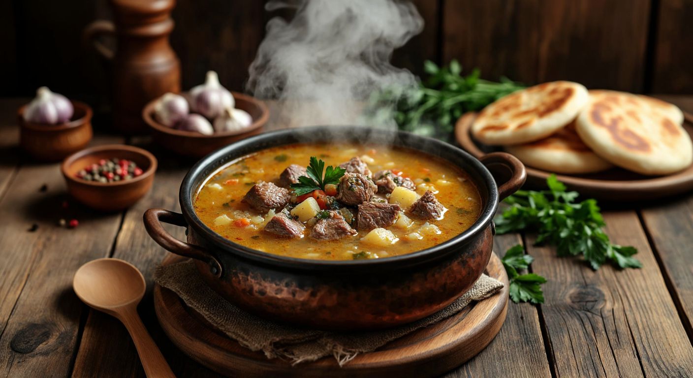 A steaming bowl of **pırtike çorbası** with golden broth and tender meat, placed on a rustic wooden table in a traditional **Siirt** home, surrounded by warm bread and fresh herbs.