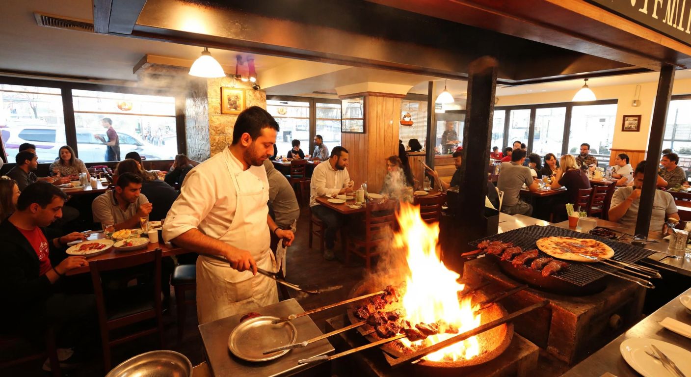 A bustling Turkish liver restaurant with a warm, inviting atmosphere, where a chef in a white apron grills sizzling liver skewers over glowing coals, surrounded by eager customers enjoying their meals, with no alcoholic beverages in sight.