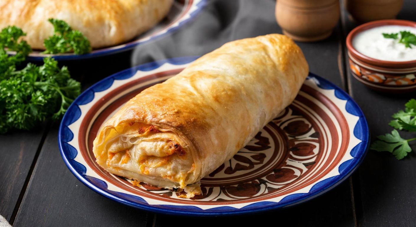 A golden-brown cheese-filled rolled börek sits on a traditional Turkish ceramic plate, with steam rising from its flaky layers, surrounded by fresh parsley and a small bowl of yogurt on a wooden table.
