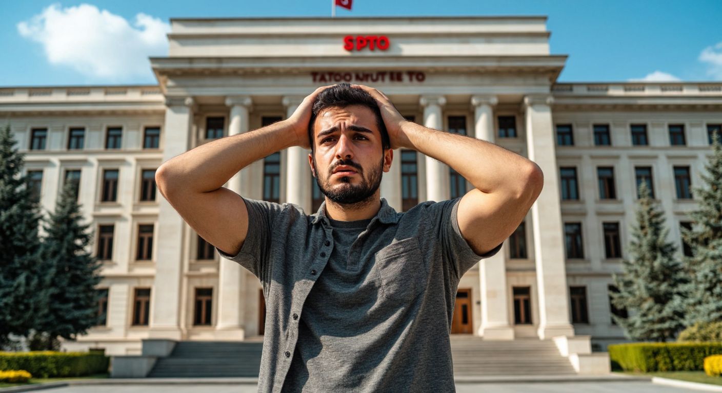 A Turkish man in a casual outfit scratching his head in confusion while standing in front of a government building with the Spor Toto logo subtly displayed on its facade.