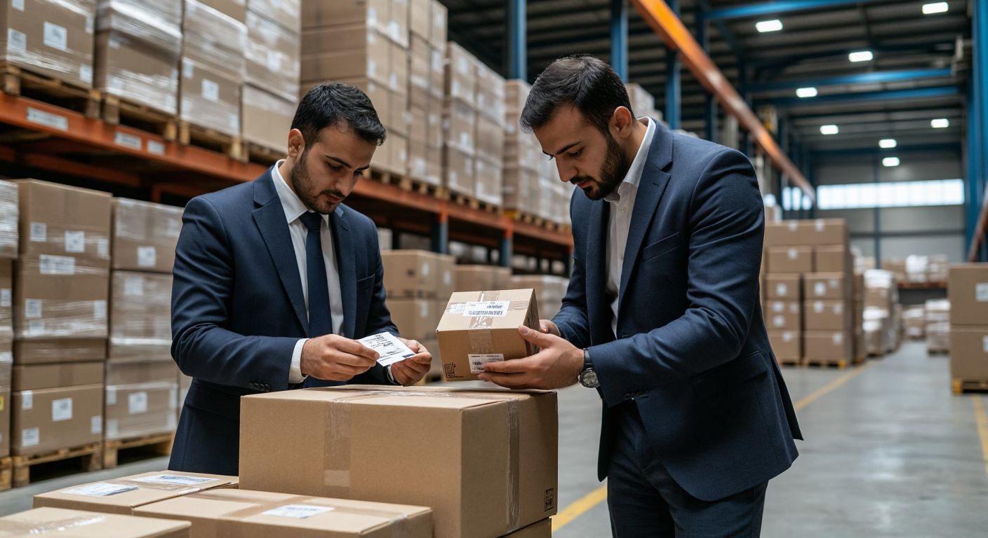 A customs officer in a Turkish port meticulously inspects a small, neatly labeled package from abroad while a businessman in a suit observes attentively, with stacks of similar packages and shipping documents in the background.