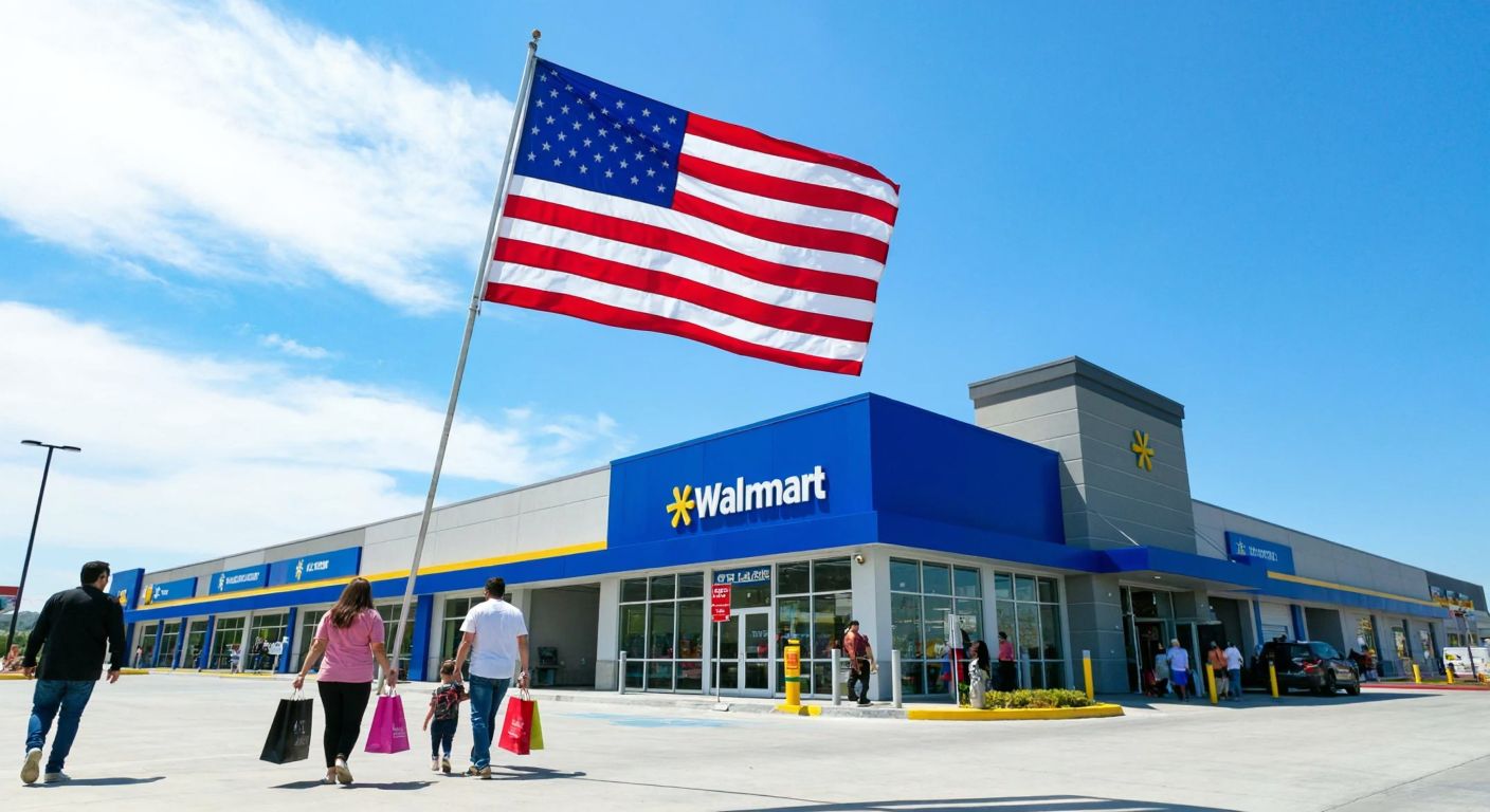 A large American flag waves beside a modern Walmart store in Turkey, with a mix of Turkish and American shoppers carrying shopping bags under a bright blue sky.