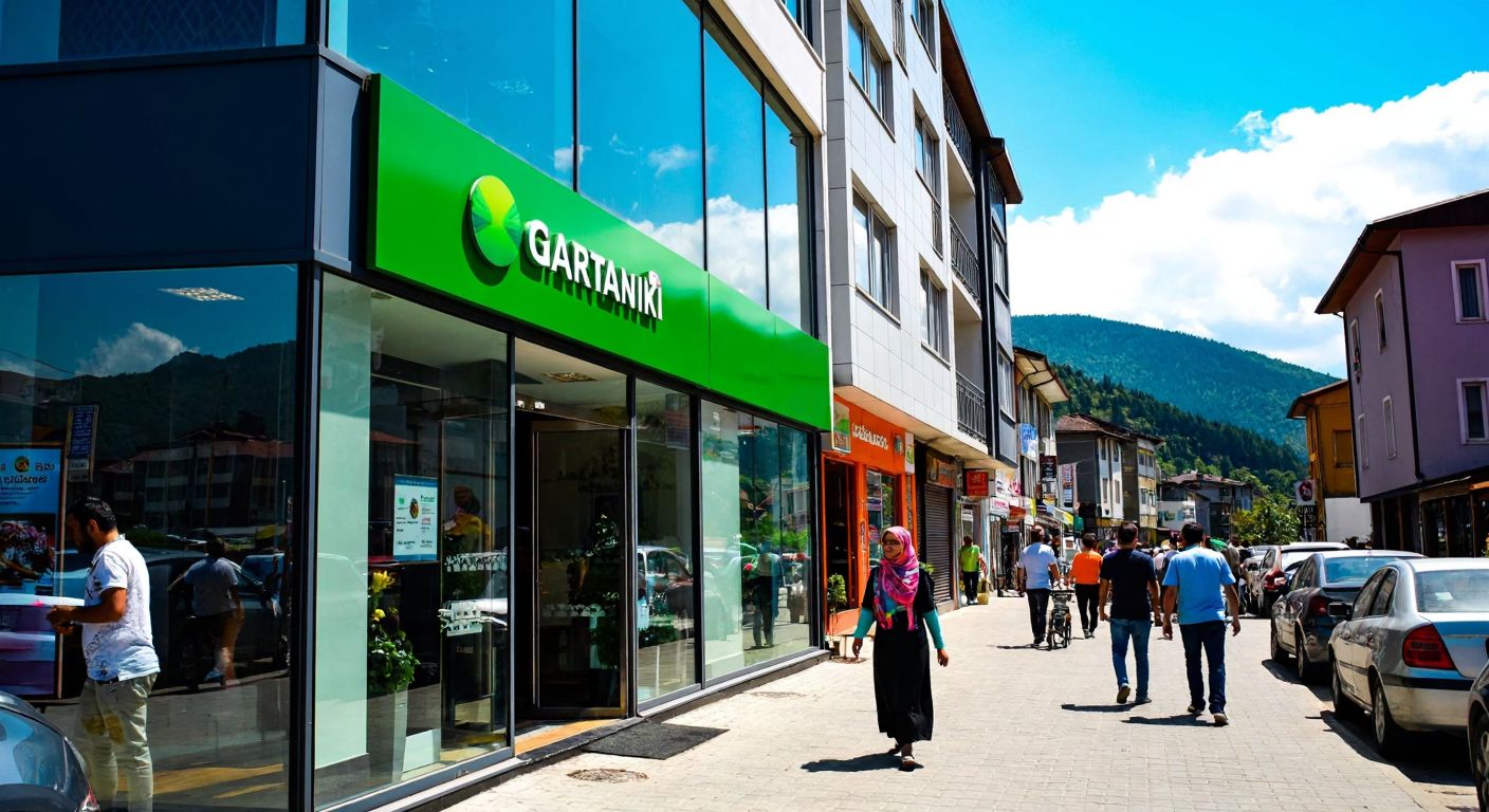 A bustling street in Ardeşen, Rize, with a modern Garanti Bankası branch nestled among small shops, its glass facade reflecting the green hills of the Black Sea region, while a woman in a colorful headscarf walks toward the entrance under a clear blue sky.