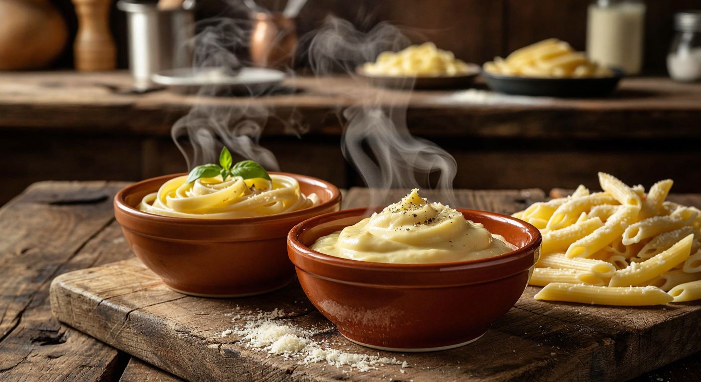 A rustic wooden table in an Italian kitchen holds two small bowls—one with creamy Alfredo sauce (golden from butter and Parmesan) and another with a lighter, generic cream sauce, while steam rises from freshly cooked pasta nearby.