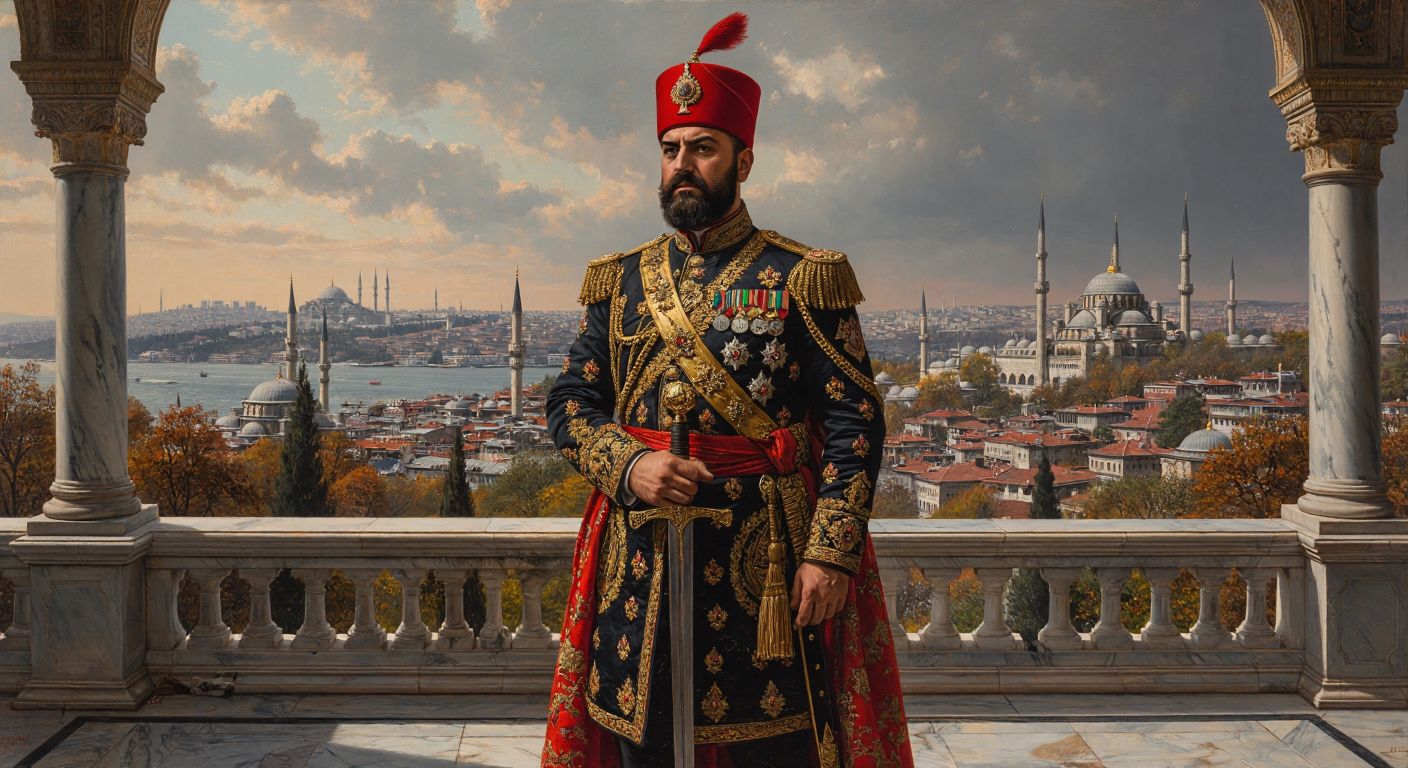 A grand Ottoman pasha in a richly embroidered military uniform stands proudly on a marble palace terrace overlooking Istanbul, with a golden sword at his side and a red fez adorned with a jeweled tuğra.