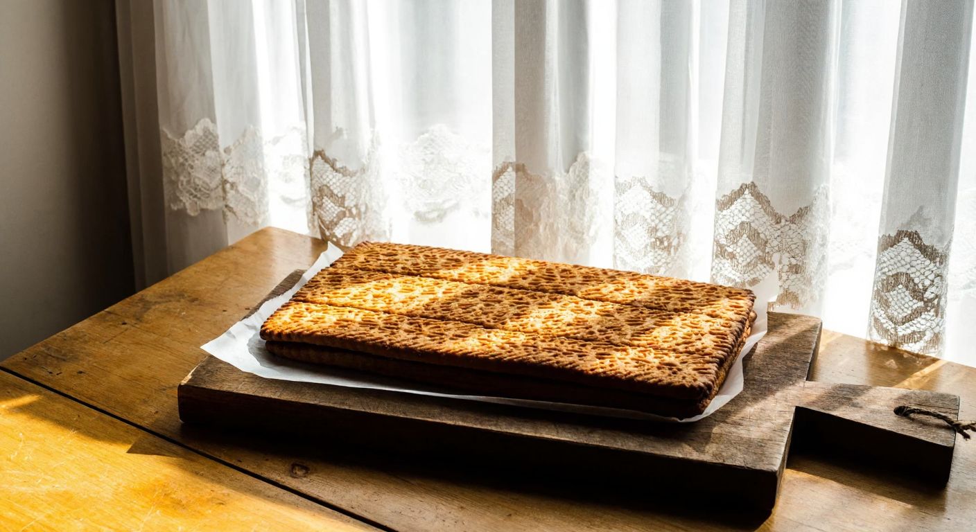 A golden-brown rectangular biscuit (Petibör) sits on a rustic wooden table in a Turkish kitchen, with sunlight streaming through lace curtains.