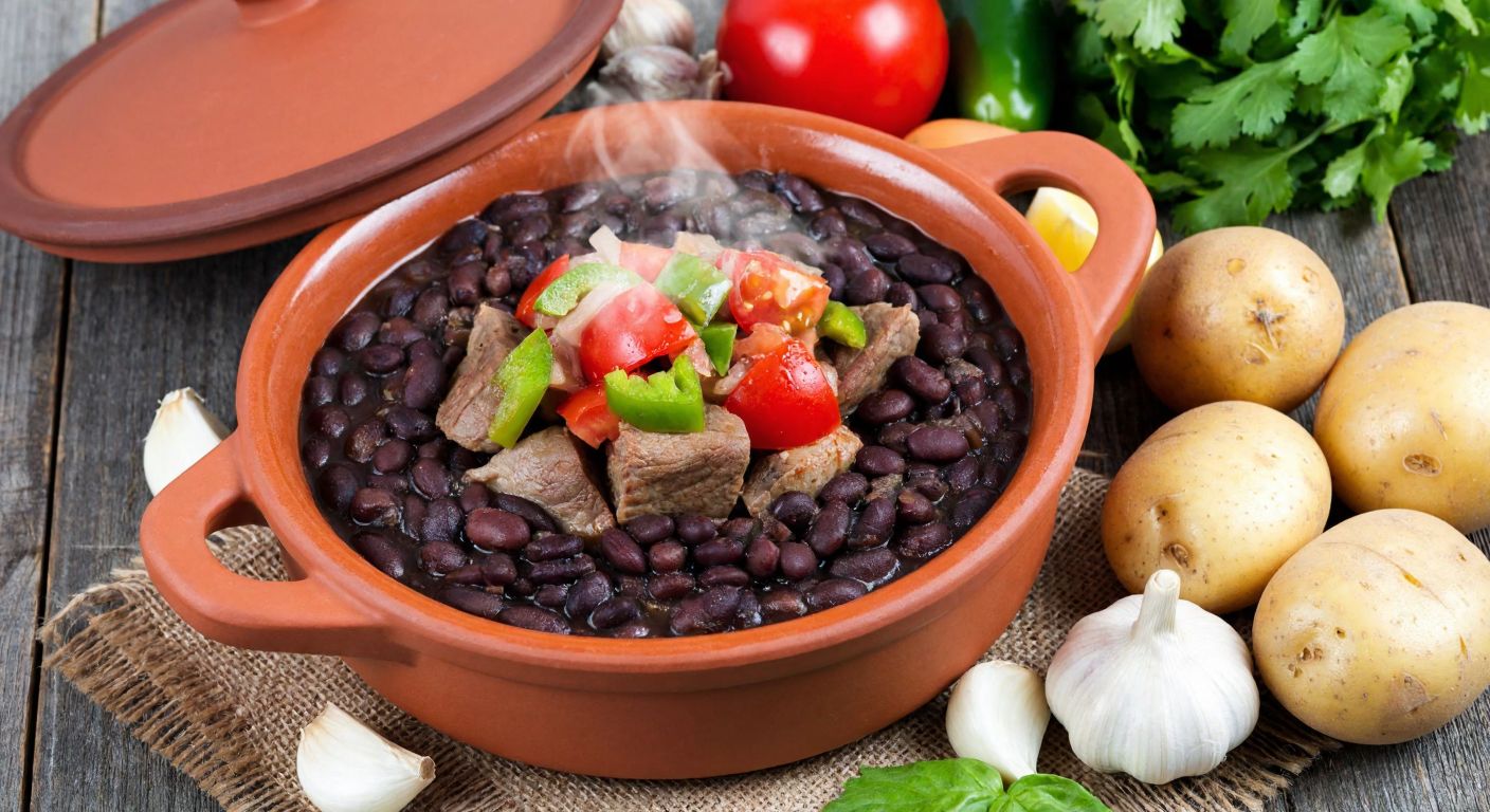 A steaming clay pot filled with black beans, diced tomatoes, green peppers, and chunks of meat, surrounded by fresh onions, garlic cloves, and potatoes on a rustic wooden table.