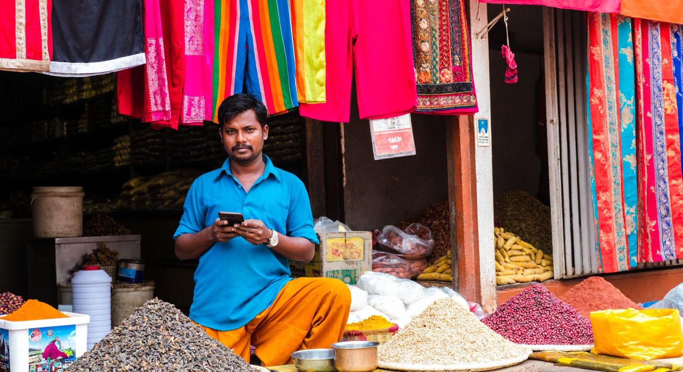 A colorful Indian marketplace in Visakhapatnam with a vendor holding a mobile phone, surrounded by vibrant textiles and spices.