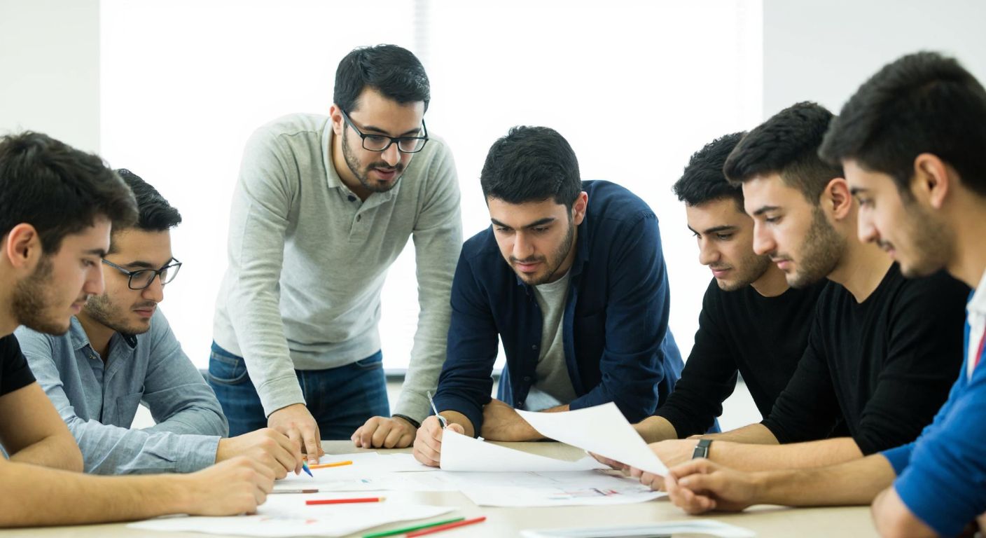 A group of diverse Turkish students in a university classroom, intently collaborating over a project plan spread across a table, with a professor guiding them in the background.